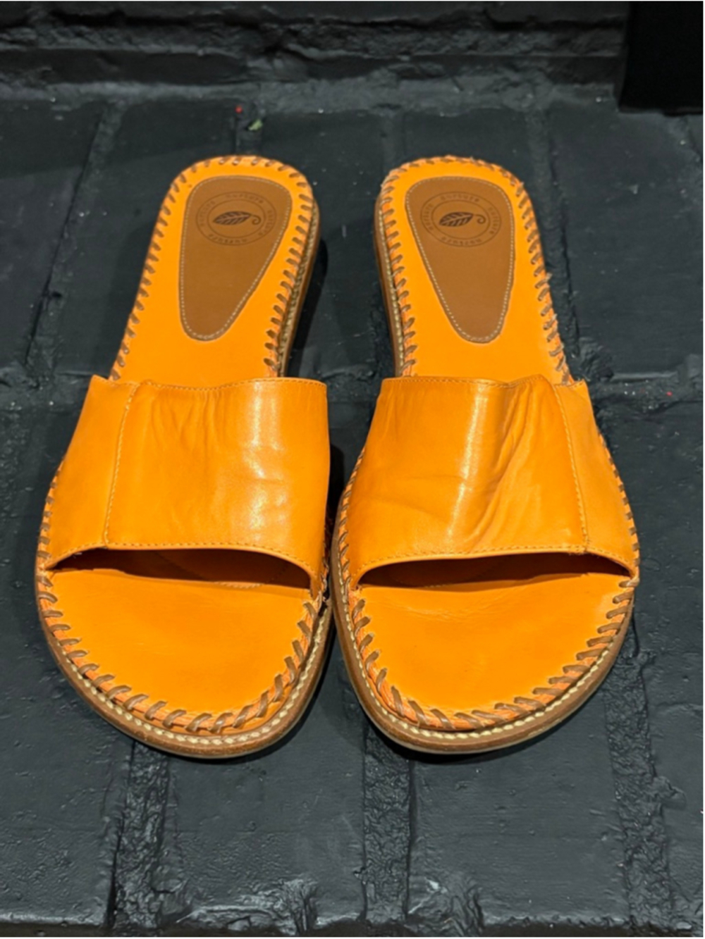 Women's Nurture Orange Brown Leather Slide Sandals 7.5